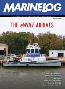 February 2024 Marine Log magazine focuses on tugs, towboats and dredging.