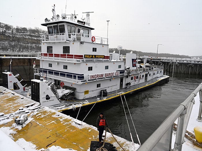 The M/V Phillip M Pfeffer with six barges is locked through Lock and Dam 2 in the St. Paul District last year.