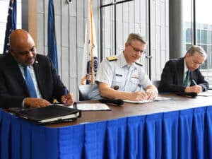 U.S. Coast Guard Deputy Commandant for Operations Vice Admiral Peter Gautier, BSEE Director Kevin Sligh and BOEM Deputy Director Dr. Walter Cruickshank signed the MOU on offshore safety and environmental protection