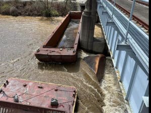 Barges broke loose on the Ohio River near Pittsburgh on April 12.
