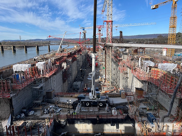The Nashville Engineer District constructs a new navigation lock February 20, 2024. The dam is a Tennessee Valley Authority project. The Nashville District is managing the Chickamauga Lock Replacement Project.
