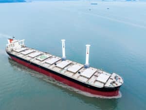 Two Norsepower Rotor Sails equipped onboard bulk carrier Camellia Dream in operation.
