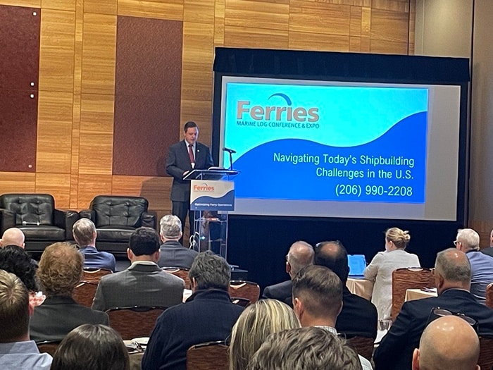Ted Williams speaks at Marine Log's FERRIES conference in Seattle on October 29, 2024.