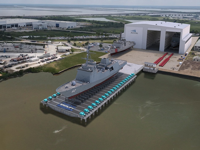Austal USA recently acquired a Pearlson-designed shiplift system capable of lifting and launching vessels in excess of 18,000 long tons. [Credit: Austal USA]