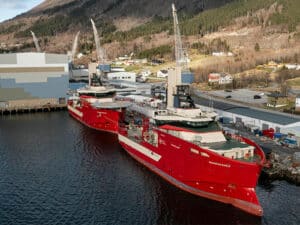 Two CSOVs alongside at Vard Langsten shipyard in Noway
