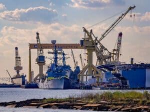 Military warships are under construction at Ingalls Shipbuilding, a division of Huntington Ingalls Industries in Pascagoula, Miss.