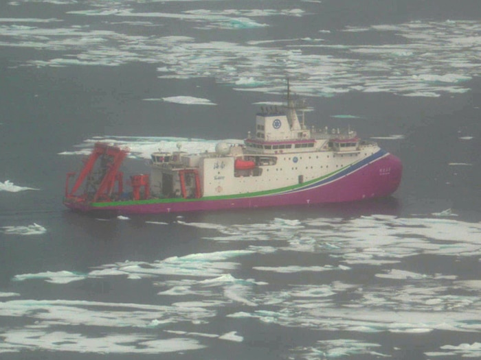 A C-130J Hercules airplane crew from Coast Guard Air Station Kodiak responds to a Chinese research vessel operating in the U.S. Arctic as part of Operation Frontier Sentinel Aug. 13, 2025. [U.S. Coast Guard photo]
