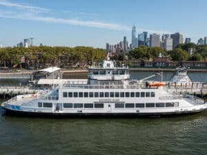 The Trust for Governors Island unveiled its new hybrid-electric ferry, the Harbor Charger, on August 12.