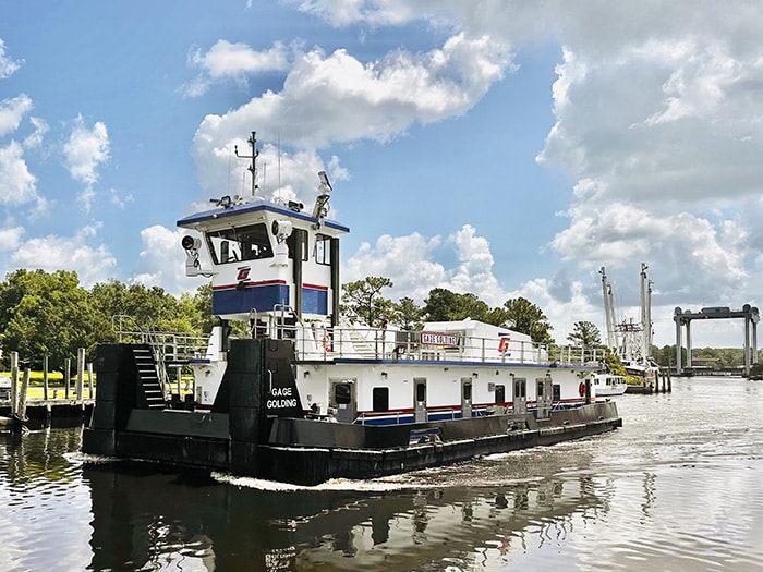 The newly built M/V Gage Golding, a 94-foot retractable, twin-screw towboat delivering 2,800 horsepower, has been completed by Steiner Shipyard.