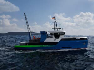 A ship model of the new research vessel at sea. The new vessel for DLR will be equipped with two Steerprop 14 CRP LM azimuth propulsion units. [Image: © DLR. All rights reserved]