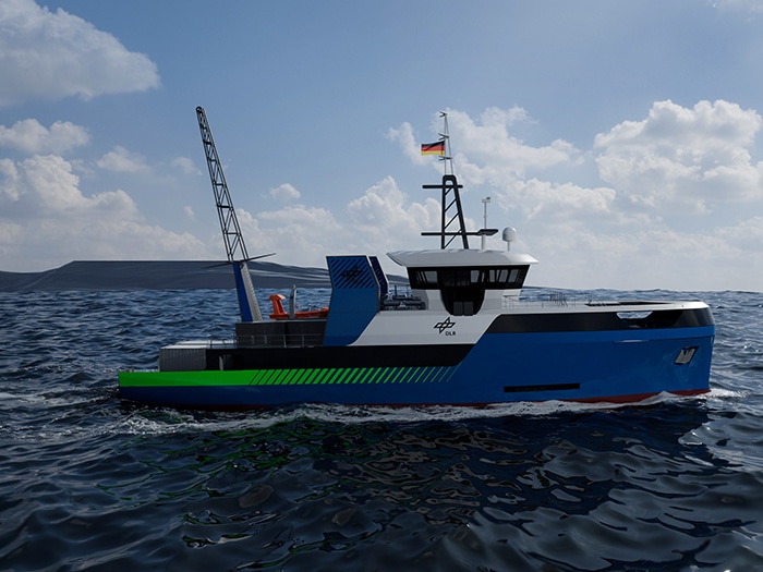 A ship model of the new research vessel at sea. The new vessel for DLR will be equipped with two Steerprop 14 CRP LM azimuth propulsion units. [Image: © DLR. All rights reserved]