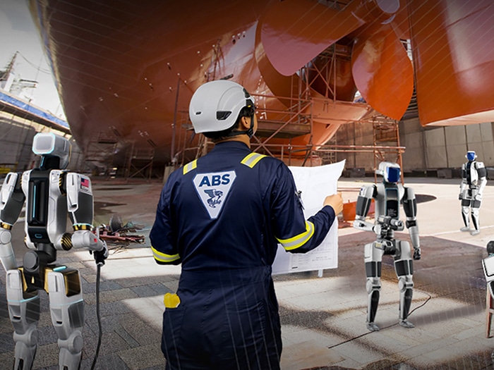 humanoid robots at work in a shipyard
