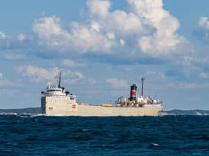 The steamer Alpena on Lake Michigan, July 29, 2023. Alpena was sidelined for six months at the beginning of the 2025 season due to critical repairs to her steam powerplant. 2025 marks her 82nd season of sailing the Great Lakes. (Photo by Brendan Falkowski)