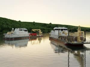 Rendering of two waterways commerce cutter variants: a river buoy tender (left) and an inland construction tender (right). [Image: Birdon America Inc.]