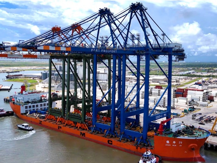 Two state-of-the-art Super Post-Panamax Gantry Cranes were delivered aboard a heavy-lift vessel, arriving at Port Freeport’s Velasco Container Terminal.