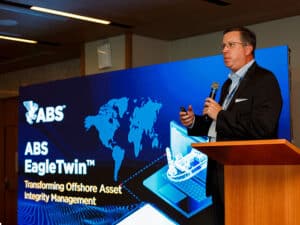 Matthew Tremblay; ABS vice president, global offshore markets, presents on ABS EagleTwin at the ABS Offshore Technology Summit in Rio de Janeiro, Brazil.