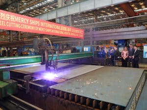 Mercy Ships, Guangzhou Shipyard International (GSI), MSC Group, and the MSC Foundation celebrated the steel cutting ceremony for the new hospital ship Africa Mercy II on October 29 at GSI’s Guangzhou shipyard.