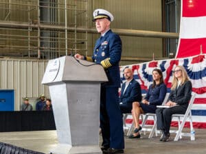 Rear Admiral Lunday, Acting Commandant (acting) U.S. Coast Guard, speaking at the keel laying ceremony for Heritage-class USCGC Pickering at Austal USA in Mobile, Ala. [Photo: Austal USA]