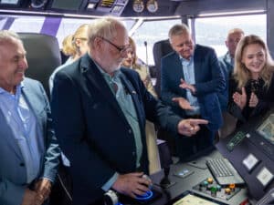 ncat chairman Robert Clifford powered up the vessel’s eight Wärtsilä axial flow WXJ1100 waterjets in front of invited dignitaries who included Australian Trade Minister Don Farrell, Tasmanian Premier Jeremy Rockliff, and Her Excellency Barbara Baker, Governor of Tasmania. [Photo: Incat Tasmania]