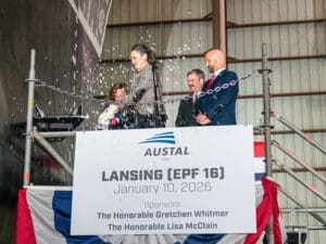 Two sponsors christened future USNS Lansing (EPF 16): Gov. Gretchen Whitmer, Governor of Michigan, and Rep. Lisa McClain (closest to camera). [Photo: Austal USA]