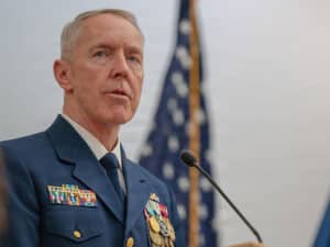 Adm. Kevin E. Lunday, the 28th Commandant of the Coast Guard, speaks after he was sworn in by U.S. Department of Homeland Security Secretary Kristi Noem at Coast Guard Headquarters in Washington, D.C., on Jan. 15, 2026. [U.S. Coast Guard photo by Petty Officer 2nd Class Gabriel Wisdom]