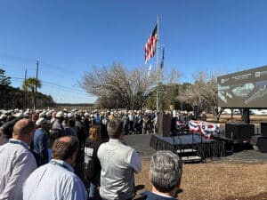 HII marked one year of NNS Charleston Operations in Goose Creek, S.C. The company hosted community and Navy leaders at the facility and a town hall event for all NNS Charleston Operations shipbuilders on Thursday, Jan. 22. [Photo by Todd Corillo/HII]