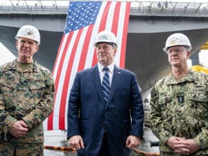 HII hosted Secretary of the Navy John Phelan (center) along with Adm. Daryl Caudle, Chief of Naval Operations and Gen. Eric Smith, commandant of the Marine Corps at its Ingalls Shipbuilding division, Jan. 7, 2026. [Photo: HII]