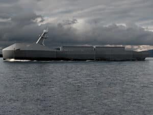 Partnership will explore pilot projects for Marauder, Saronic’s 180-foot autonomous ship. [Image: Saronic Technologies]