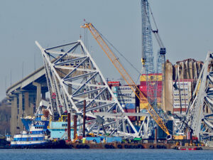 Salvage efforts at the Francis Scott Key Bridge in 2024.
