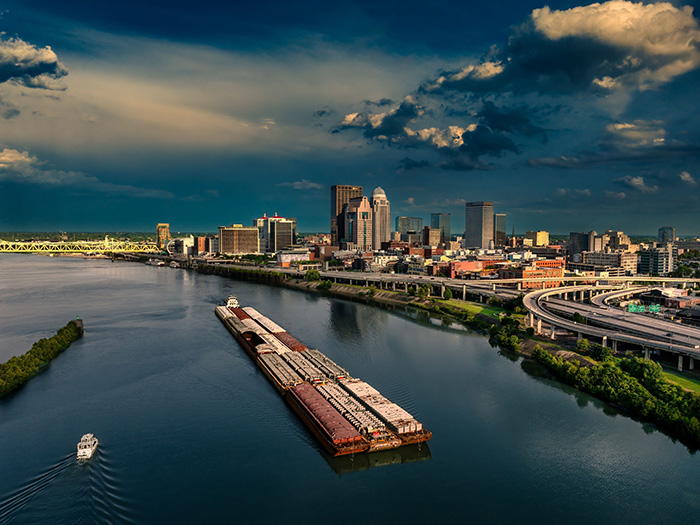 Aerial view of a barge on the Ohio River at Louisville.