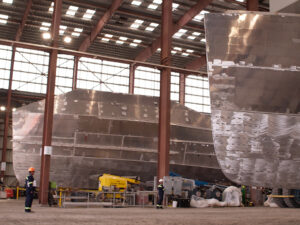 Two Marauder hulls at Saronic's Franklin, Louisiana shipyard, where the company is scaling its MUSV fleet .