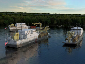 A rendering of the future U.S. Coast Guard Waterways Commerce Cutters Allen Thiele, Fred Permenter, and Samuel Wilson. [U.S. Coast Guard courtesy rendering Birdon Group]