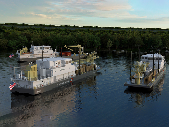 A rendering of the future U.S. Coast Guard Waterways Commerce Cutters Allen Thiele, Fred Permenter, and Samuel Wilson. [U.S. Coast Guard courtesy rendering Birdon Group]