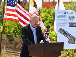 Mark Schmidt, president of Ports America Chesapeake., says new grain transloading facilitycreates a more efficient, streamlined supply chain for farmers. [Photo: Port of Baltimore]
