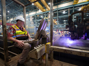 At a May 5 steel-cutting ceremony for the third of three new containerships, the honor of starting the shipyard’s plasma cutter on the first steel plate was given to Dan Massoni, Matson’s Vessel Engineering Manager based in Philadelphia. [Photo : Hanwha Philly Shipyard, Inc.]
