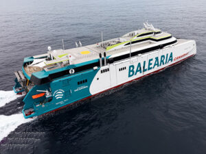 Mercedes Pinto, the third 123-meter dual-fuel RoPax fast ferry designed by Incat Crowther for Spanish operator Baleària. [Photo: Incat Crowther]