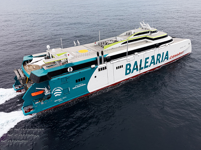 Mercedes Pinto, the third 123-meter dual-fuel RoPax fast ferry designed by Incat Crowther for Spanish operator Baleària. [Photo: Incat Crowther]