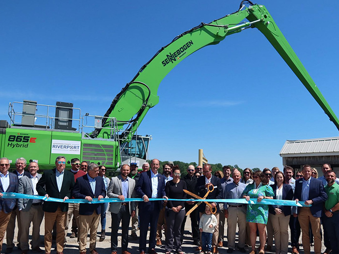 The Henderson County Riverport Authority in Kentucky recently held a ribbon-cutting ceremony to mark the opening of its bulk dock for direct port operations and the arrival of a new Sennebogen electric material handler.