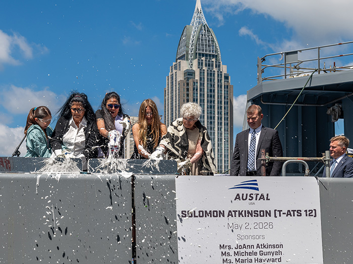 Solomon Atkinson is the second of three T-ATS ships being constructed at Austal USA and is the second ship in its class launched from the company’s Mobile ship manufacturing facility.