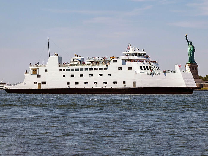 The Bridgeport and Port Jefferson Steamboat Co,'s newest ferry, the M/V Long Island served as the closing vessel in the Sail4th USA 250 Parade of Ships in New York Harbor on July 4, 2026.