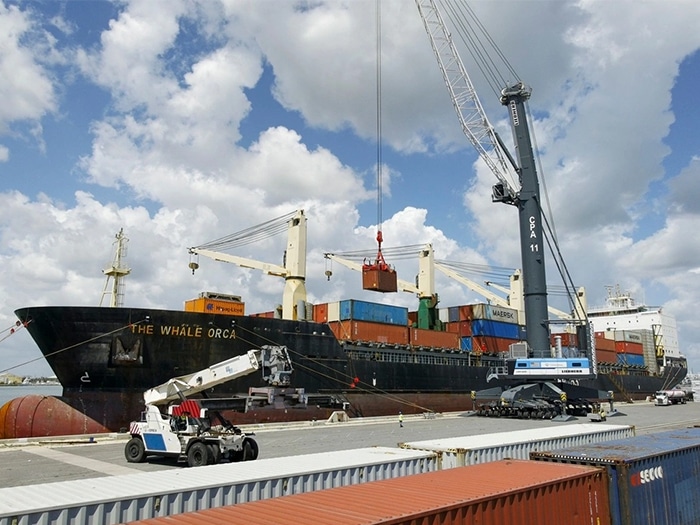 Port Canaveral’s mobile harbor crane offloads a container from the M/V Whale Orca as part of a new international container service [Photo: Canaveral Port Authority]